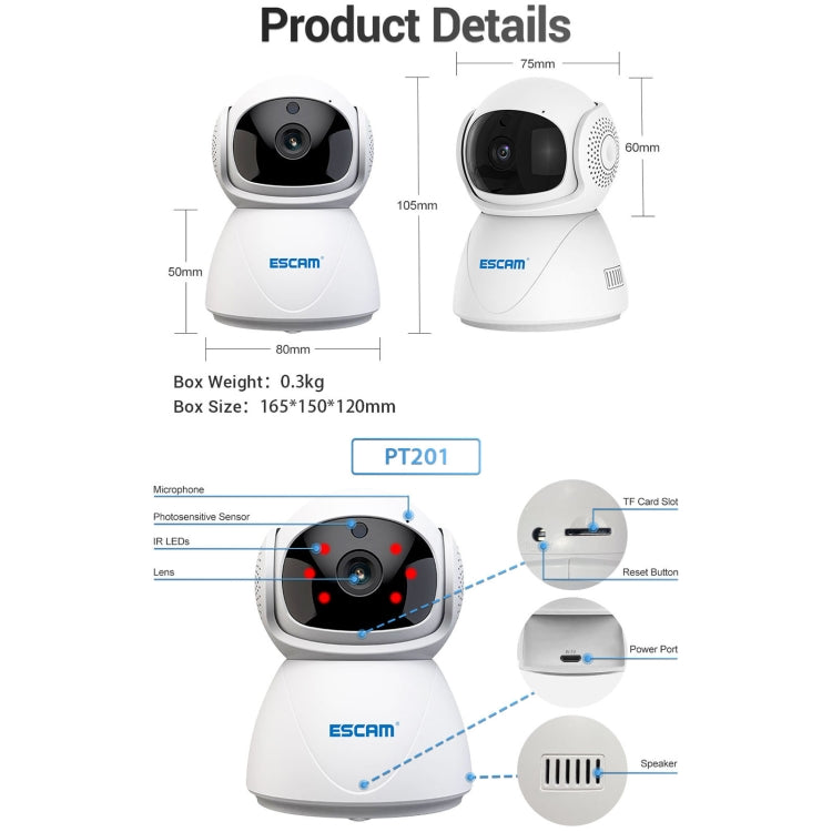 ESCAM PT201 HD 1080P Dual-band WiFi IP Camera, Support Night Vision / Motion Detection / Auto Tracking / TF Card / Two-way Audio, EU Plug - Wireless Camera by ESCAM | Online Shopping UK | buy2fix