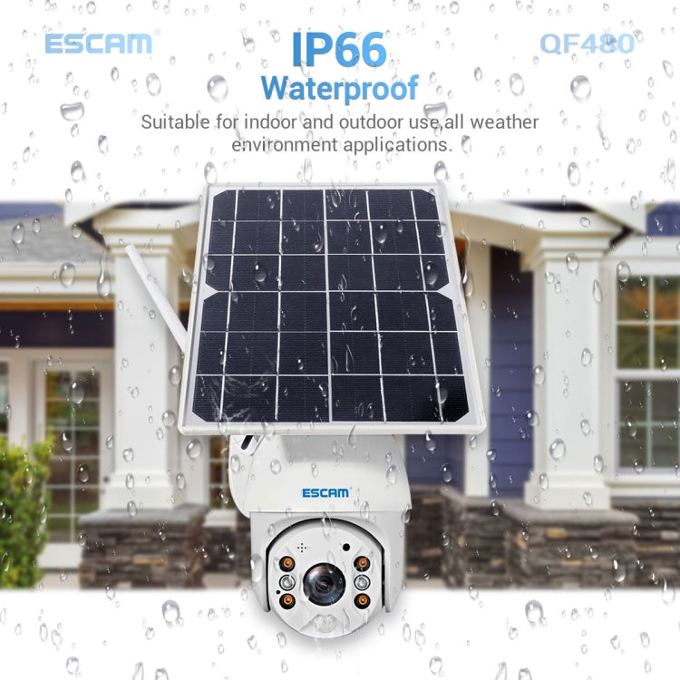ESCAM QF480 EU Version HD 1080P IP66 Waterproof 4G Solar Panel PT IP Camera with Battery, Support Night Vision / Motion Detection / TF Card / Two Way Audio (White) by ESCAM