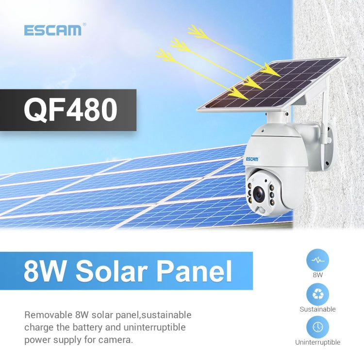 ESCAM QF480 EU Version HD 1080P IP66 Waterproof 4G Solar Panel PT IP Camera with Battery, Support Night Vision / Motion Detection / TF Card / Two Way Audio (White) by ESCAM
