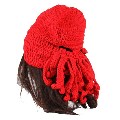 Amurleopard Unisex Barbarian Knit Beanie Octopus Tentacle Cap Winter Warm Face Mask Crochet Hat(Red) by buy2fix