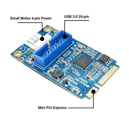MINI PCI-E to USB 3.0 Front 19 Pin Desktop PC Expansion Card with 4 Pin Power Connection Port (Blue) by buy2fix