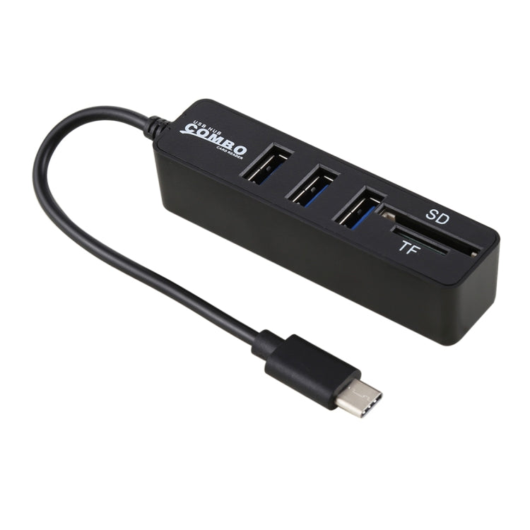 2 in 1 TF & SD Card Reader + 3 x USB Ports to USB-C / Type-C HUB Converter, Total Length: 24cm(Black) by buy2fix