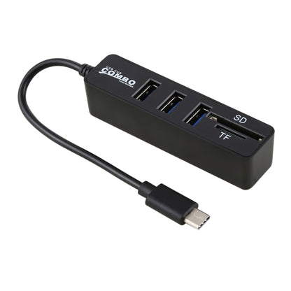 2 in 1 TF & SD Card Reader + 3 x USB Ports to USB-C / Type-C HUB Converter, Total Length: 24cm(Black) by buy2fix