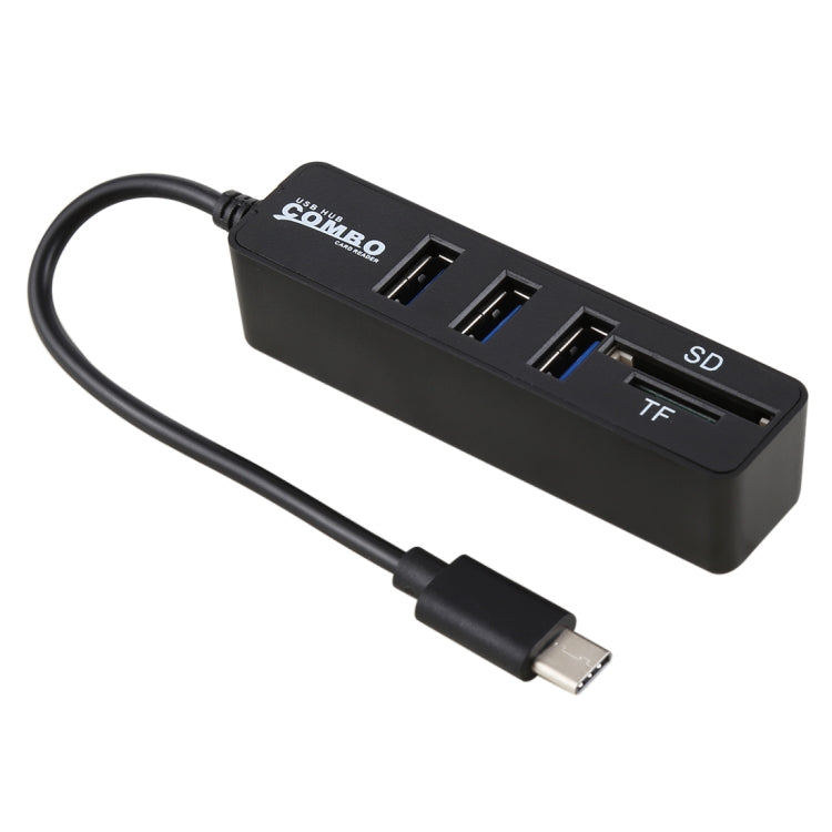 2 in 1 TF & SD Card Reader + 3 x USB Ports to USB-C / Type-C HUB Converter, Total Length: 24cm(Black) by buy2fix