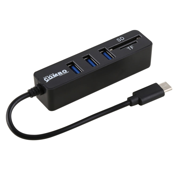 2 in 1 TF & SD Card Reader + 3 x USB Ports to USB-C / Type-C HUB Converter, Total Length: 24cm(Black) by buy2fix