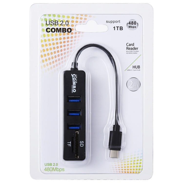 2 in 1 TF & SD Card Reader + 3 x USB Ports to USB-C / Type-C HUB Converter, Total Length: 24cm(Black) by buy2fix