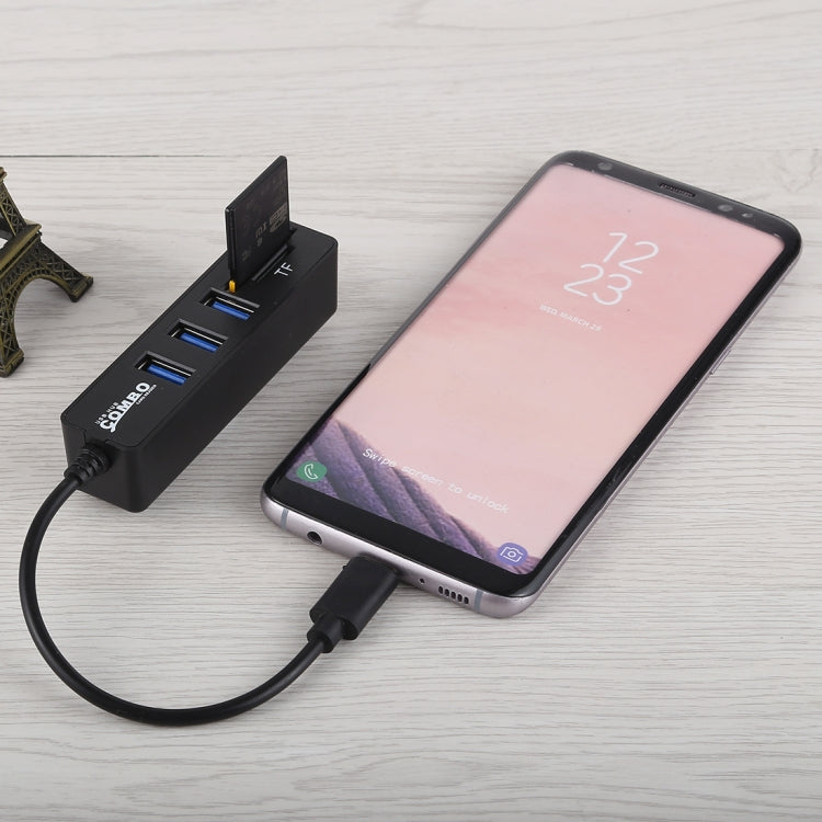 2 in 1 TF & SD Card Reader + 3 x USB Ports to USB-C / Type-C HUB Converter, Total Length: 24cm(Black) by buy2fix