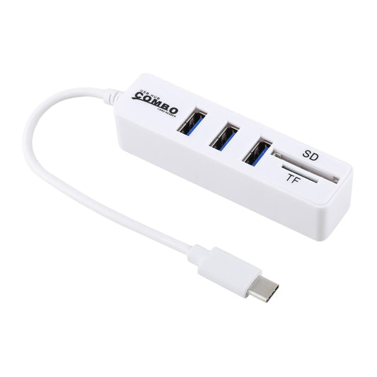 2 in 1 TF & SD Card Reader + 3 x USB Ports to USB-C / Type-C HUB Converter, Total Length: 24cm(White) by buy2fix
