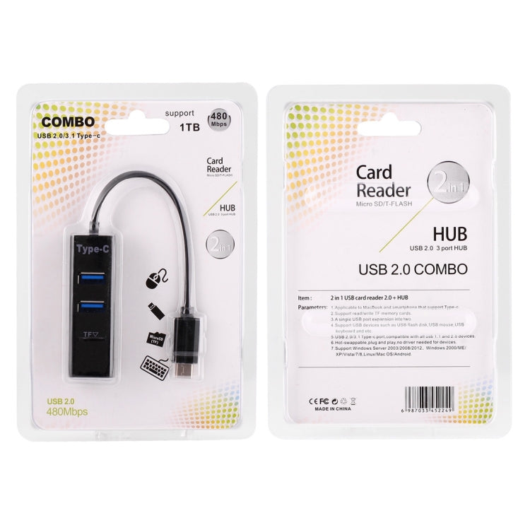 2 in 1 USB 3.1 USB-C / Type-C to USB 2.0 COMBO 3 Ports HUB + TF Card Reader(Black) by buy2fix