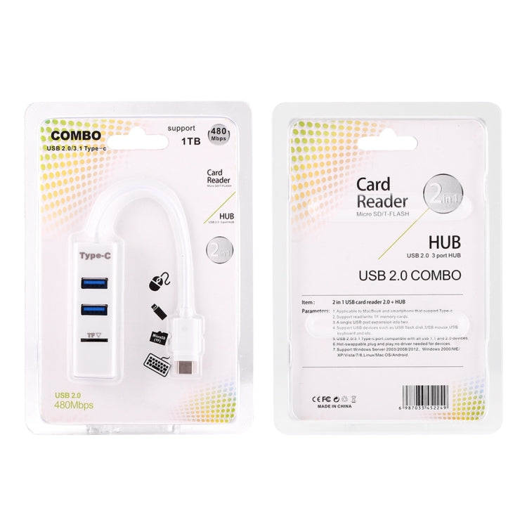 2 in 1 USB-C / Type-C 3.1 to USB 2.0 COMBO 3 Ports HUB + TF Card Reader(White) by buy2fix