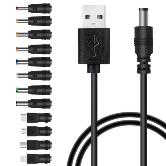 Cordon d'alimentation CC 12 en 1, prise d'échange multifonction USB, câble de chargement USB (noir)
