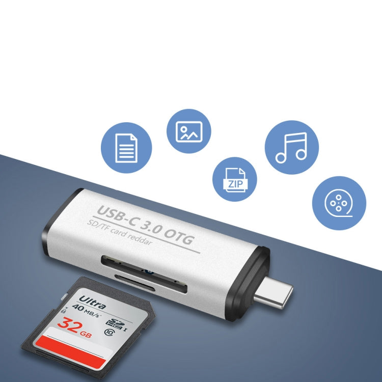 ADS-103 3 in 1 Type-C Male to USB 3.0 Female + SD / TF Card Slots OTG Adapter SD / TF Card Reader (Silver) by buy2fix