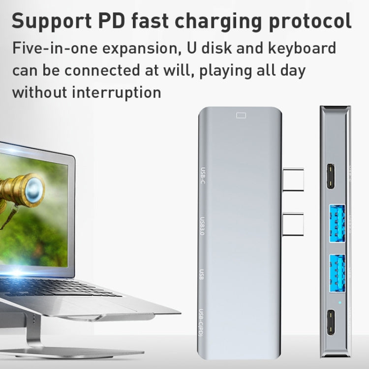 YG-2102 5 in 1 Dual USB-C / Type-C to USB Docking Station HUB Adapter (Silver) by buy2fix