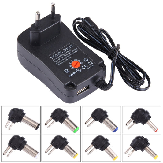 EU Plug Universal 30W Power Wall Plug-in Adapter with 5V 2.1A USB Port, Tips: 6 PCS, Cable Length: About 1.2m - AC Adapers by buy2fix | Online Shopping UK | buy2fix