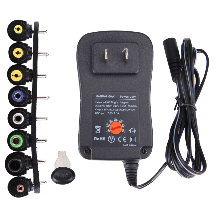 US Plug Universal 30W Power Wall Plug-in Adapter with 5V 2.1A USB Port, Tips: 6 PCS, Cable Length: About 1.2m - AC Adapers by buy2fix | Online Shopping UK | buy2fix