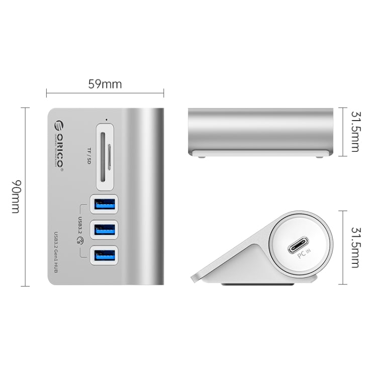 ORICO M3UT3 3-port USB 3.2 HUB with Card Reader (Silver) - USB 3.0 HUB by ORICO | Online Shopping UK | buy2fix
