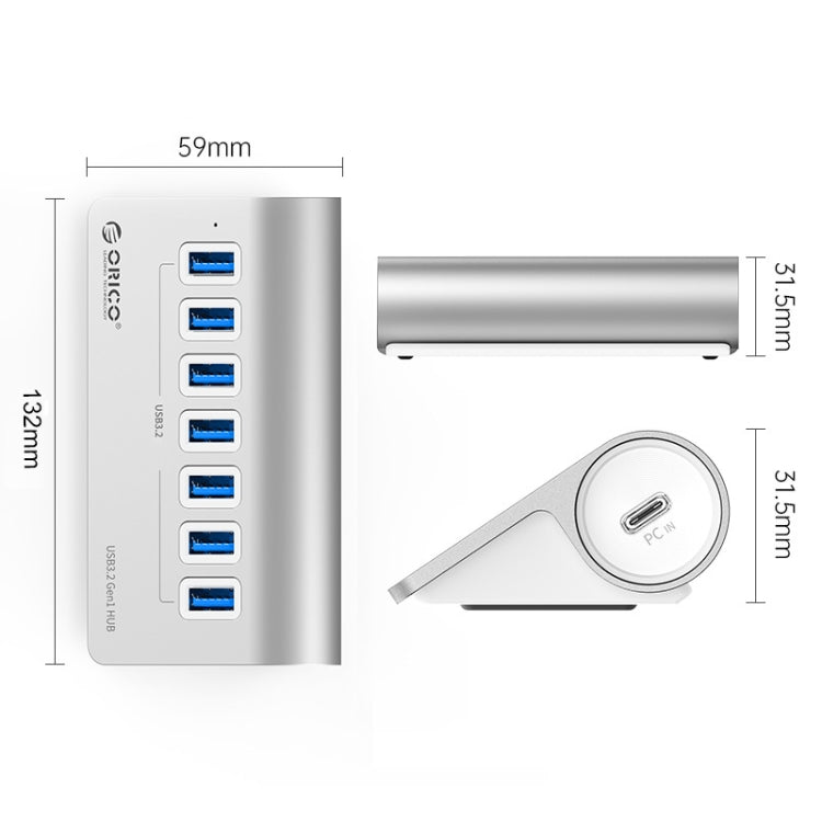 ORICO M3U7-G2 Aluminum Alloy 7-Port USB 3.2 Gen2 10Gbps HUB with 1m Cable (Silver) - USB 3.0 HUB by ORICO | Online Shopping UK | buy2fix
