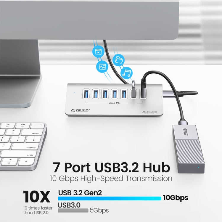 ORICO M3U7-G2 Aluminum Alloy 7-Port USB 3.2 Gen2 10Gbps HUB with 1m Cable (Silver) - USB 3.0 HUB by ORICO | Online Shopping UK | buy2fix