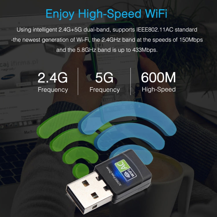 AC600Mbps 2.4GHz & 5GHz Dual Band USB 2.0 WiFi Free Drive Adapter External Network Card by buy2fix
