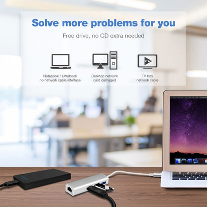 Aluminum Shell 3 USB3.0 Ports HUB + USB-C / Type-C Gigabit Ethernet Adapter by buy2fix