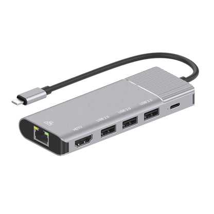 79591 6 in 1 8 Pin to RJ45 + HDMI + 8 Pin Charging + 3 USB 2.0 Ports Multifunctional HUB Converter Docking Station by buy2fix