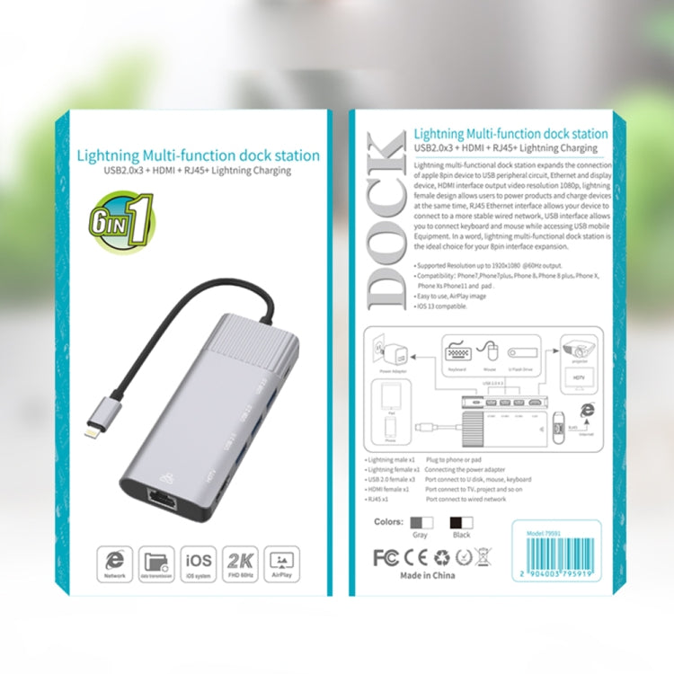 79591 6 in 1 8 Pin to RJ45 + HDMI + 8 Pin Charging + 3 USB 2.0 Ports Multifunctional HUB Converter Docking Station by buy2fix