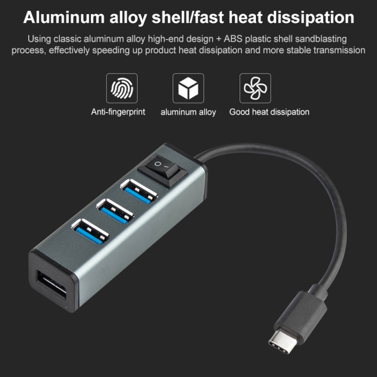 USB-C / Type-C to 4 USB 3.0 Ports Aluminum Alloy HUB with Switch (Silver) by buy2fix