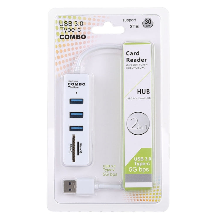 2 in 1 TF / SD Card Reader + 3 x USB 3.0 Ports to USB 3.0 HUB Converter, Cable Length: 26cm(White) by buy2fix