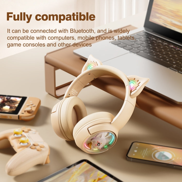 B5 Cat Ear Design USB-C / Type-C RGB Wireless Bluetooth HiFi Headset (Beige) by buy2fix