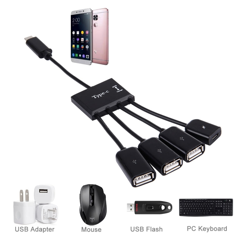 Portable 4 in 1 USB-C / Type-C to 3 Ports USB 2.0 OTG HUB Cable with Micro USB Power Supply - USB HUB by buy2fix | Online Shopping UK | buy2fix