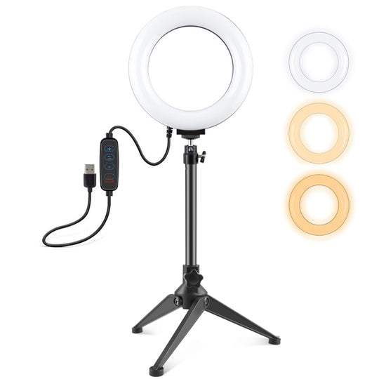 PULUZ 6,2 pouces 16 cm USB 3 modes anneau LED à intensité variable Vlogging photographie vidéo lumières + support de trépied de bureau avec tête sphérique de trépied de chaussure froide