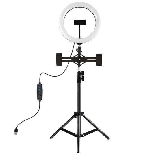 PULUZ Dual Phone Brackets Horizontal Holder + 1.1m Tripod Mount + 10.2 inch 26cm LED Ring Vlogging Video Light  Live Broadcast Kits(Black) - Ring Light by PULUZ | Online Shopping UK | buy2fix