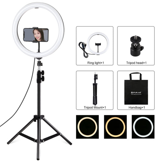 PULUZ 11.8 inch 30cm Light + 1.1m Tripod Mount Curved Surface USB 3 Modes Dimmable Dual Color Temperature LED Ring Vlogging Video Light  Live Broadcast Kits with Phone Clamp(Black) - Ring Light by PULUZ | Online Shopping UK | buy2fix