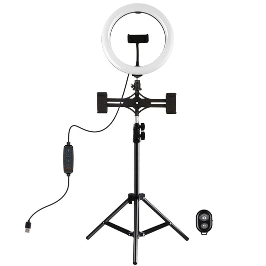 PULUZ 10.2 inch 26cm Light + 1.1m Tripod Mount + Dual Phone Brackets USB 3 Modes Dimmable Dual Color Temperature LED Curved Diffuse Light Ring Vlogging Selfie Photography Video Lights with Phone Clamp & Selfie Remote Control(Black) - Ring Light by PULUZ | Online Shopping UK | buy2fix