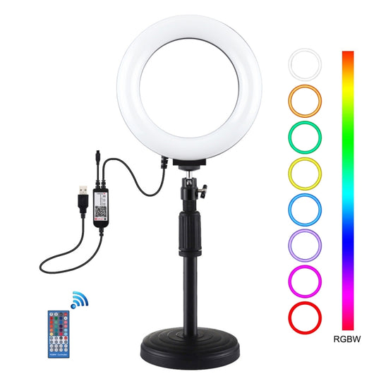 PULUZ 6,2 pouces 16 cm RGBW lumière + support de bureau à base ronde USB anneau LED à intensité variable Vlogging photographie vidéo lumières avec chaussure froide trépied rotule et télécommande (noir)