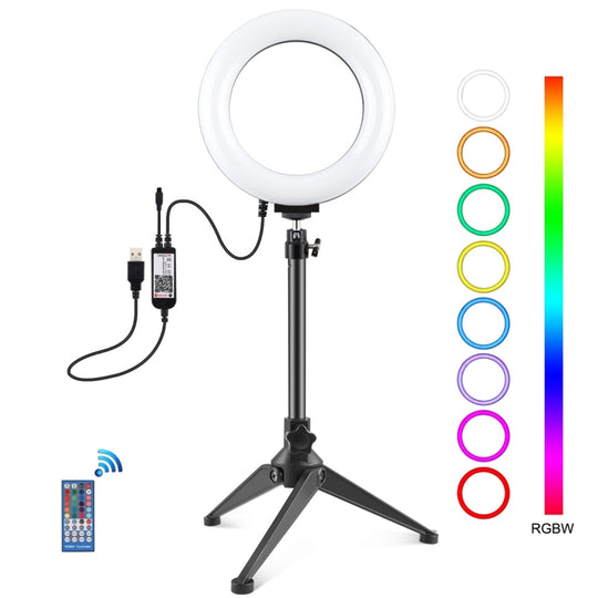 PULUZ 6,2 pouces 16 cm RGBW Light + support de trépied de bureau + anneau LED USB à intensité variable Vlogging photographie vidéo lumières avec tête sphérique de trépied de chaussure froide et télécommande (noir)