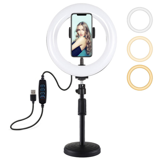 PULUZ 7,9 pouces 20 cm Lumière + Support de bureau à base ronde USB 3 modes Dimmable Double température de couleur LED Anneau lumineux incurvé Vlogging Selfie Photographie Vidéo Lumières avec pince de téléphone (Noir)