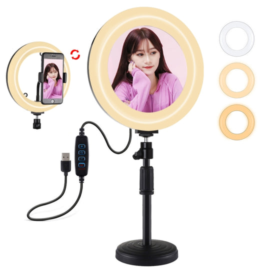 PULUZ 7,9 pouces 20 cm lumière de miroir + support de bureau à base ronde 3 modes à intensité variable double température de couleur LED anneau lumineux incurvé Vlogging Selfie photographie vidéo lumières avec pince de téléphone (noir)