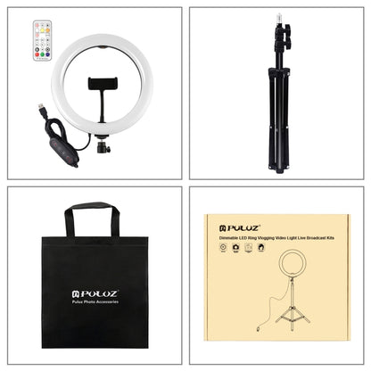 PULUZ 10.2 inch 26cm Marquee LED RGBWW Selfie Beauty Light  + 1.1m Tripod Mount 168 LED Dual-color Temperature Dimmable Ring Vlogging Photography Video Lights with Cold Shoe Tripod Ball Head & Remote Control & Phone Clamp(Black) - Ring Light by PULUZ | Online Shopping UK | buy2fix