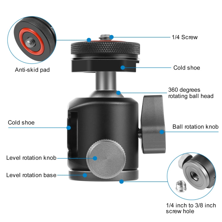PULUZ Dual Cold Shoes Aluminum Alloy Tripod Ball Head Adapter (Black) - Tripod Heads by PULUZ | Online Shopping UK | buy2fix