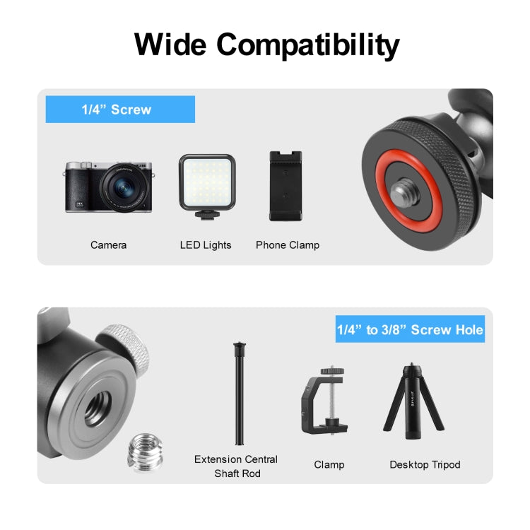 PULUZ Dual Cold Shoes Aluminum Alloy Tripod Ball Head Adapter (Black) - Tripod Heads by PULUZ | Online Shopping UK | buy2fix