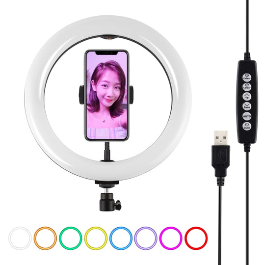 PULUZ 10,2 pouces 26 cm USB 10 modes 8 couleurs RGBW Dimmable LED anneau Vlogging photographie vidéo lumières avec trépied rotule et pince de téléphone (noir)