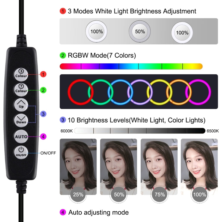 PULUZ 10.2 inch 26cm USB 10 Modes 8 Colors RGBW Dimmable LED Ring Vlogging Photography Video Lights with Tripod Ball Head & Phone Clamp(Black) - Ring Light by PULUZ | Online Shopping UK | buy2fix