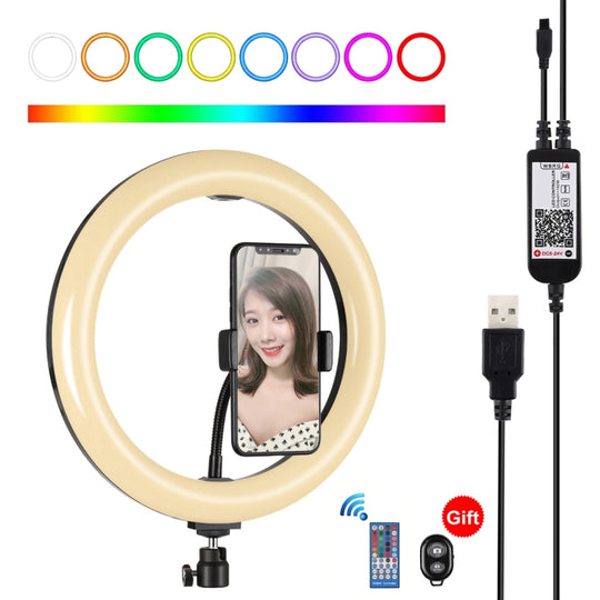 PULUZ 10,2 pouces 26 cm Surface incurvée USB RGBW Anneau LED à intensité variable Vlogging Photographie Vidéo Lumières avec trépied rotule et télécommande et pince de téléphone (noir)