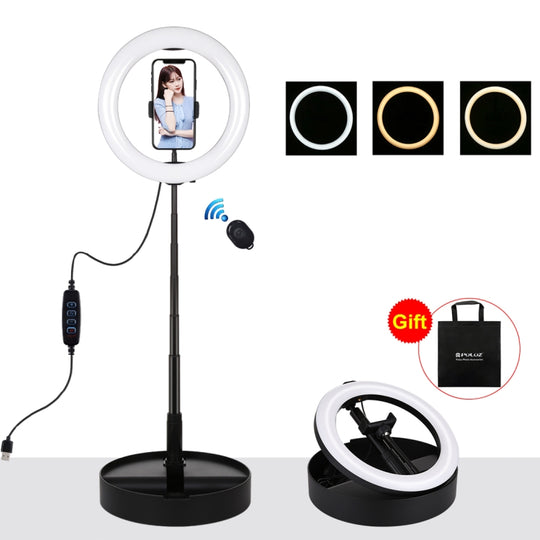 PULUZ 10,2 pouces 26 cm USB 3 modes réglable double température de couleur LED anneau incurvé Vlogging Selfie photographie vidéo lumières avec obturateur à distance Bluetooth et support de bureau pliable et pince de téléphone (noir)