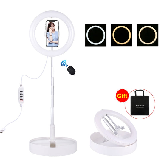 PULUZ 10,2 pouces 26 cm USB 3 modes réglable double température de couleur LED anneau incurvé Vlogging Selfie photographie vidéo lumières avec obturateur à distance Bluetooth et support de bureau pliable et pince de téléphone (blanc)
