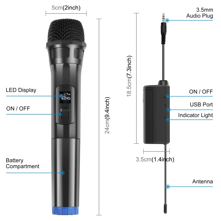 PULUZ 1 To 2 UHF Wireless Dynamic Microphones with LED Display, 3.5mm Transmitter - Microphone by PULUZ | Online Shopping UK | buy2fix