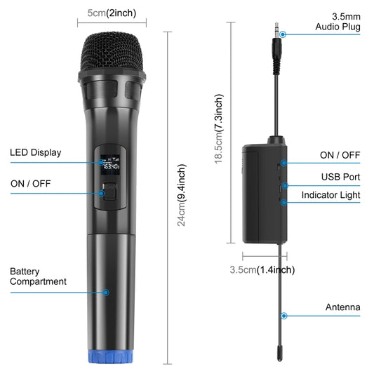 PULUZ 1 To 2 UHF Wireless Dynamic Microphones with LED Display, 3.5mm Transmitter - Microphone by PULUZ | Online Shopping UK | buy2fix