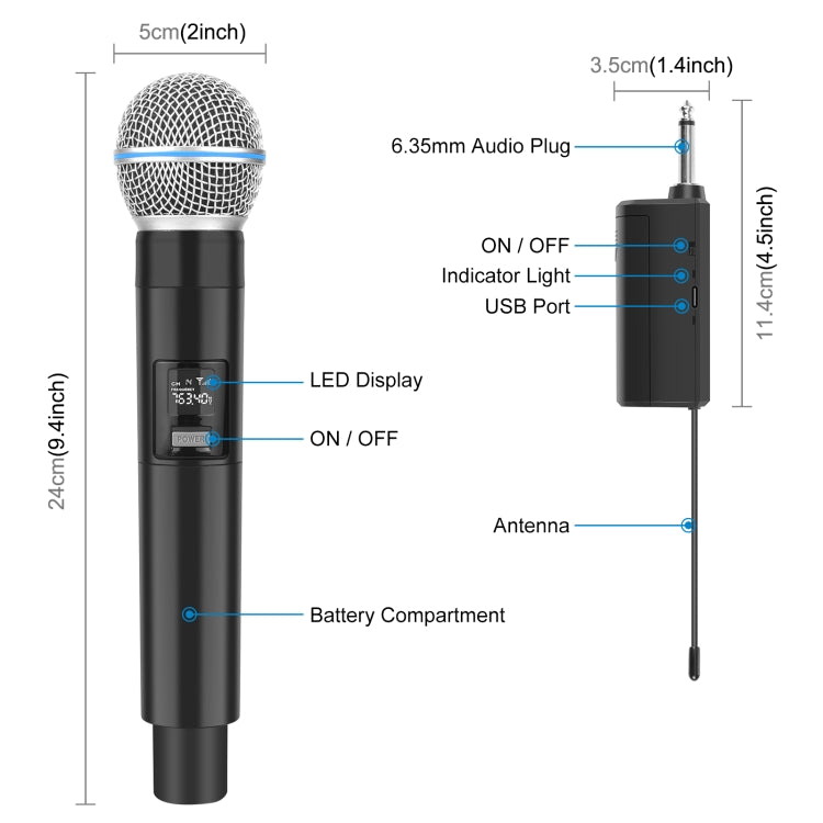 PULUZ 1 To 2 Wireless Microphones with LED Display, 6.35mm Transmitter (Black) - Microphone by PULUZ | Online Shopping UK | buy2fix