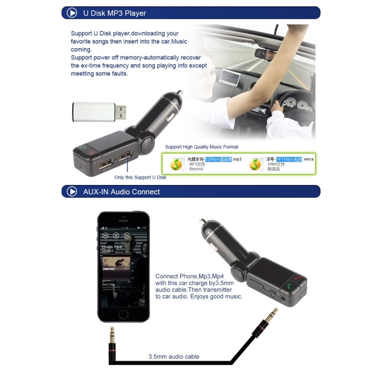 BC-06 Bluetooth Car Kit FM Transmitter Car MP3 Player with LED Display 2 USB Charger & Handsfree Function(Black) - Bluetooth Car Kits by buy2fix | Online Shopping UK | buy2fix